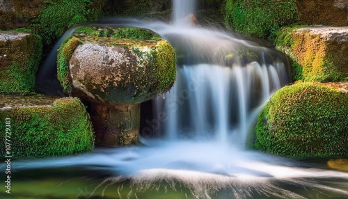 Moss-Covered Rocks and Stone Fountain in Resort Village