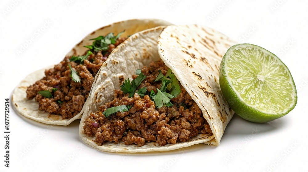 Delicious Ground Beef Tacos with Fresh Lime Wedge on a Clean White Background Perfect for Culinary and Food-Related Stock Photography