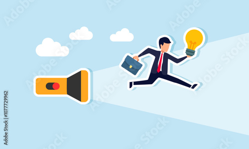 businessman carrying a lamp and running towards the light from a flashlight, illustration of finding support and solutions in gaining business ideas and innovation