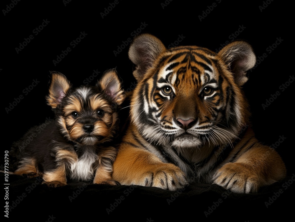 A puppy and a tiger lying side by side, showcasing contrasting sizes and species.