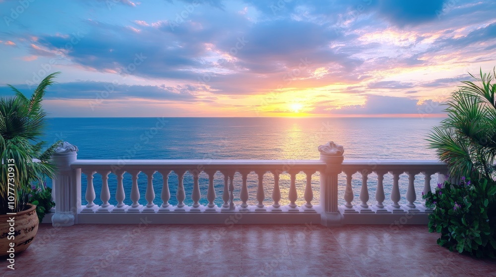 A breathtaking sunset over the ocean from a white balcony.