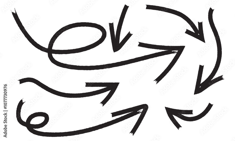 Collection curved arrows painted bold brush. Hand drawn vector thick marker arrows. Curved and wavy brush strokes. Seamless banner with vector direction pointers. Bold brush strokes with scratches