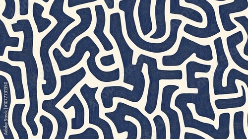 Blue and White Maze Pattern with Fine Lines and Curves on Fabric-Like Texture, Set Against a Plain Gray Background, Emphasizing Detail and Realism for Textile or Wallpaper Design