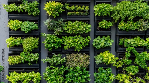 A vertical garden with various green plants growing in black planters on a gray wall.