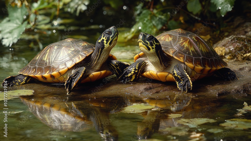 Two turtles basking by a tranquil pond surrounded by greenery. Two turtles basking by a tranquil pond surrounded by greenery.