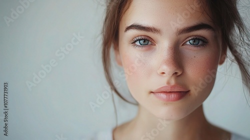 Portrait of a Young Woman Gazing Intently at the Camera with Captivating Blue Eyes and Natural Makeup in a Soft and Neutral Background