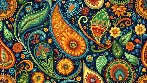A symphony of swirling petals, intricate paisley patterns, and vibrant leaves in a kaleidoscope of orange, green, and blue hues