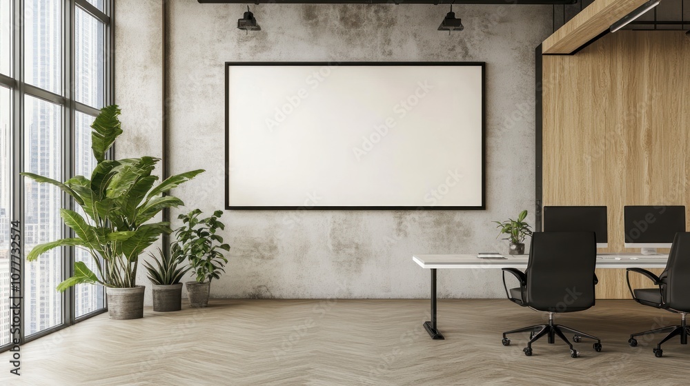 Fototapeta premium Modern office space with a large blank canvas on the wall, two desks, and two black chairs. There are two potted plants and a large window with a city view.