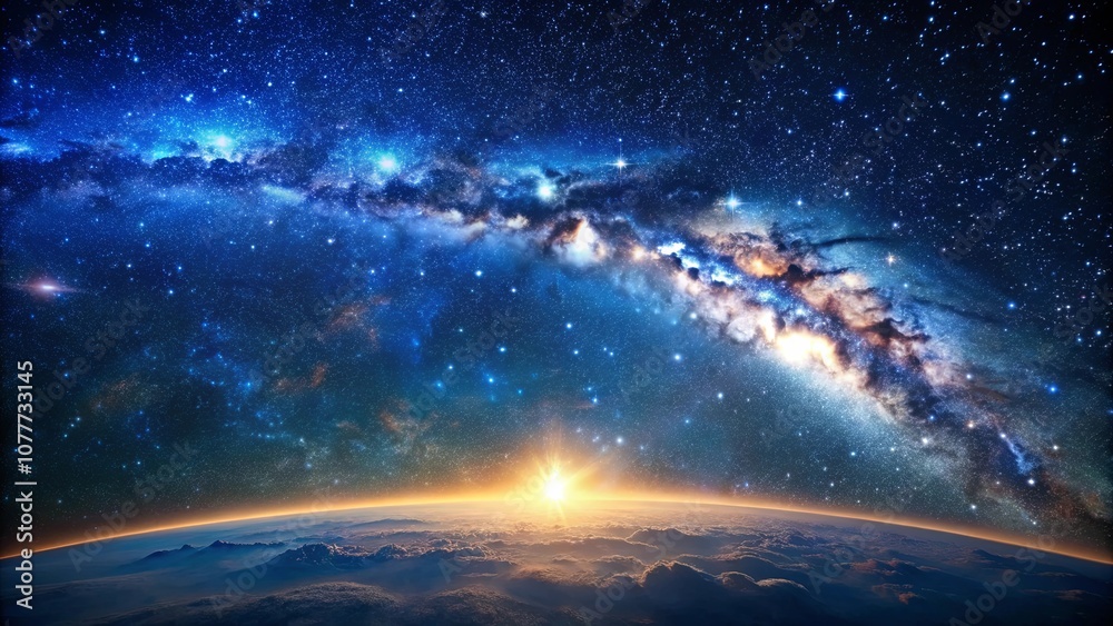 A celestial panorama of a star-filled night sky with the Milky Way galaxy stretching across the horizon, a breathtaking spectacle of cosmic wonder as dawn breaks over a misty planet