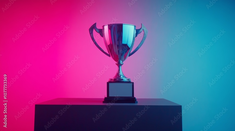 Fototapeta premium A silver trophy with a blank nameplate sits on a dark platform against a neon pink and blue backdrop.