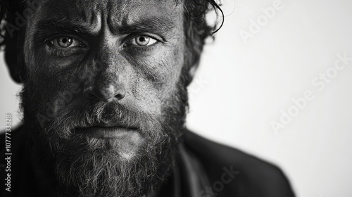 Black and White Portrait of a Man in His 30s with White Background, Capturing Raw, Unfiltered Expression and Character in Monochrome Style