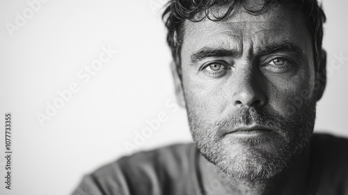 Black and White Portrait of a Man in His 30s with White Background, Capturing Raw, Unfiltered Expression and Character in Monochrome Style