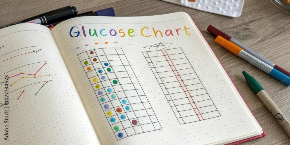 An overhead shot of a notebook with a handwritten glucose chart showing various colored markers indicating different target ranges and notes in the margins.