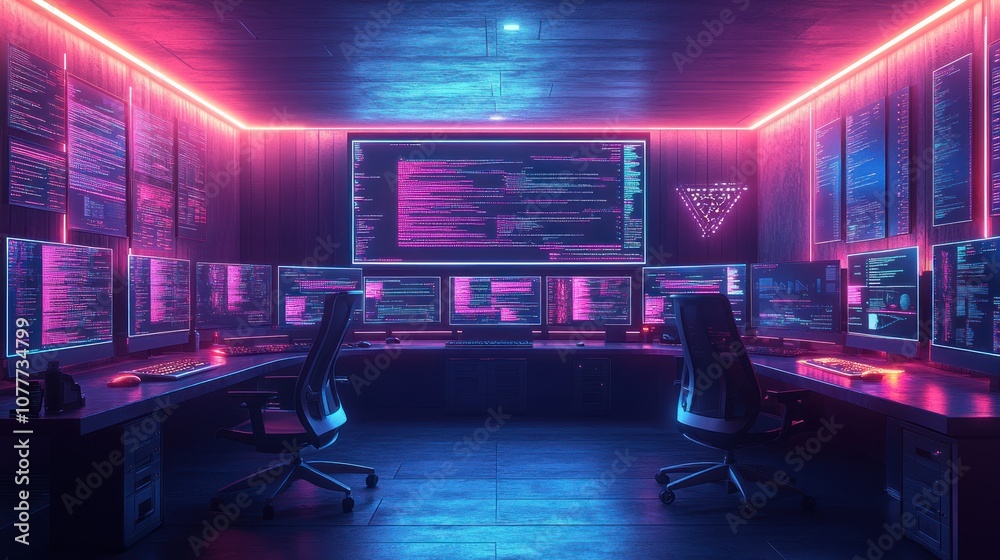 Futuristic tech workspace with glowing screens and coding visuals. Futuristic tech workspace with glowing screens and coding visuals.