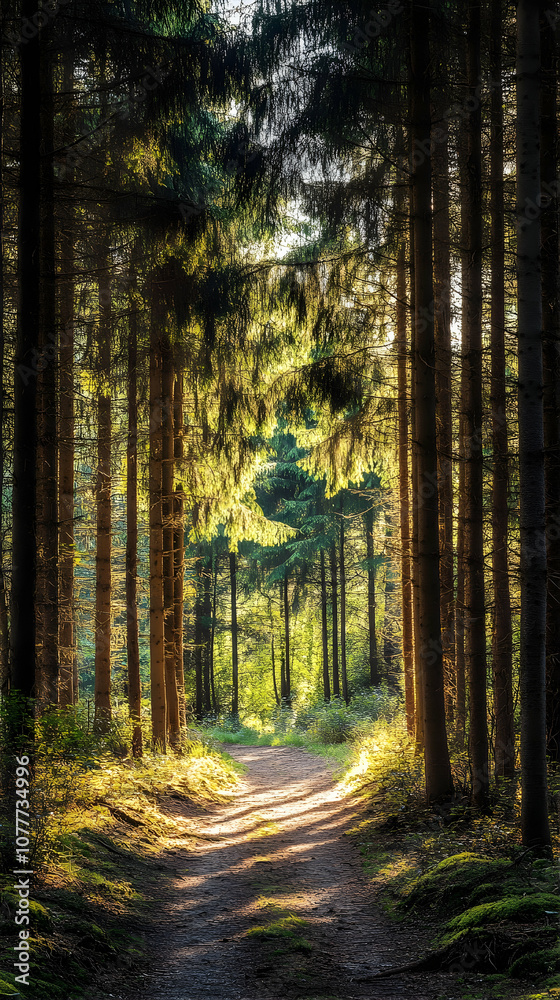 Obraz premium A sunlit path through a dense forest with tall trees on either side.