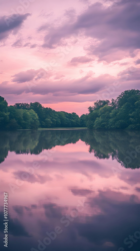 A tranquil lake reflecting a vibrant pink sunset.