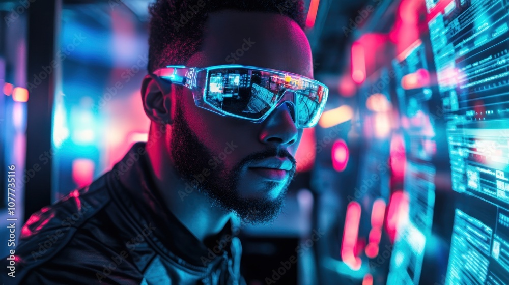 Cyberpunk Man Looking at Screen Cyberpunk Man Looking at Screen