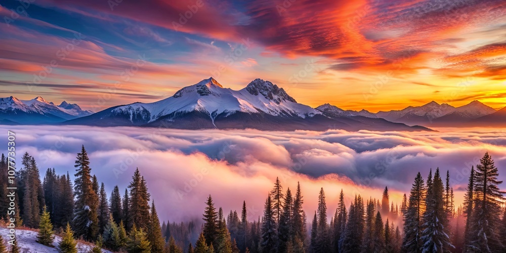 A majestic snow-capped mountain peak stands tall against a fiery sunset sky, the landscape awash in vibrant hues as clouds billow beneath it, creating a breathtaking spectacle of nature's artistry. A majestic snow-capped mountain peak stands tall against a fiery sunset sky, the landscape awash in vibrant hues as clouds billow beneath it, creating a breathtaking spectacle of nature's artistry.