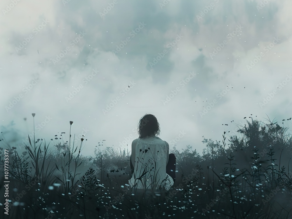Obraz premium Solitude in a Field of Dreams: A Woman Contemplates the Foggy Sky