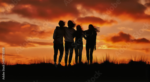 A Group of friends sitting on a hill, silhouetted by a vibrant sunset. They’re laughing, arms around each other, watching the sky