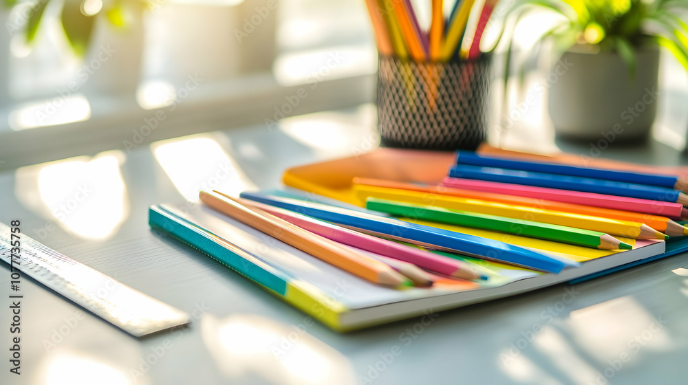 Colorful pencils on a white table with a notebook and a ruler. Colorful pencils on a white table with a notebook and a ruler.