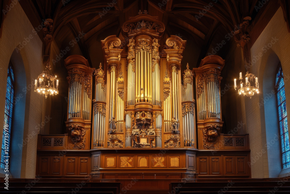 Obraz premium A grand, intricately designed pipe organ in a dimly lit church interior, showcasing ornate carvings and majestic architecture under soft chandelier lighting.