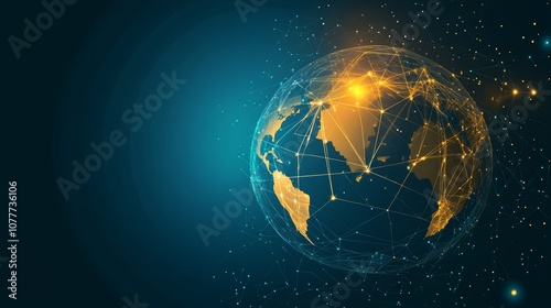 Abstract digital globe with glowing lines and nodes on a dark blue background.