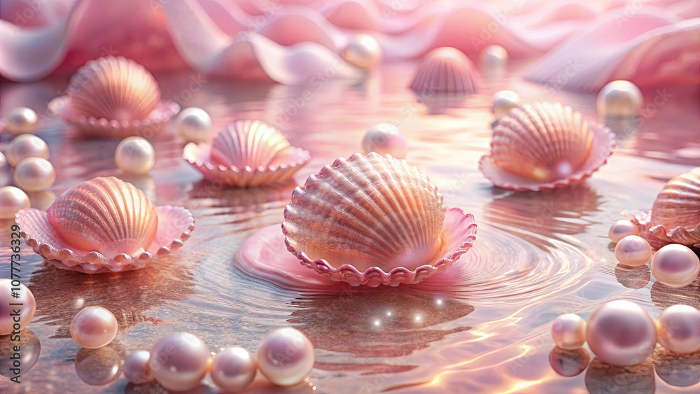 A Delicate Dance of Pink Shells and Shimmering Pearls in a Rippling Ocean of Light A Delicate Dance of Pink Shells and Shimmering Pearls in a Rippling Ocean of Light