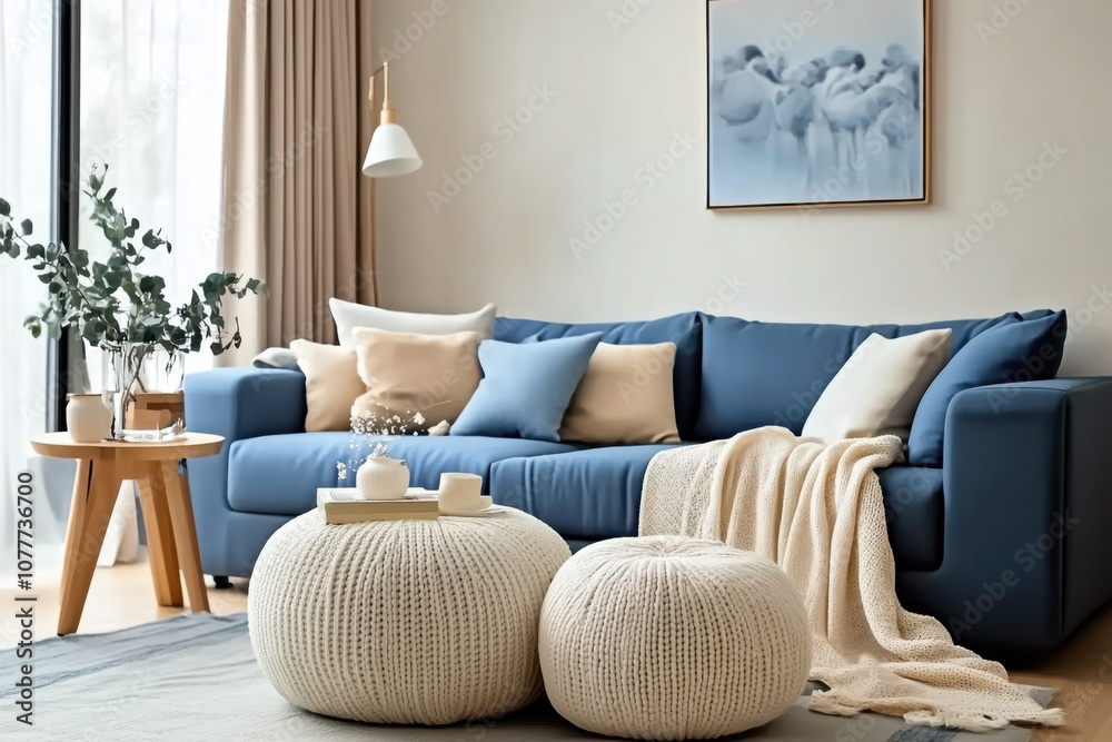 Two knitted poufs near dark blue corner sofa. Scandinavian home interior Two knitted poufs near dark blue corner sofa. Scandinavian home interior
