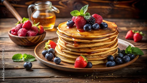 Wallpaper Mural A Stack of Golden Brown Pancakes Drizzled with Syrup and Adorned with a Medley of Fresh Berries, Ready to Delight the Senses Torontodigital.ca