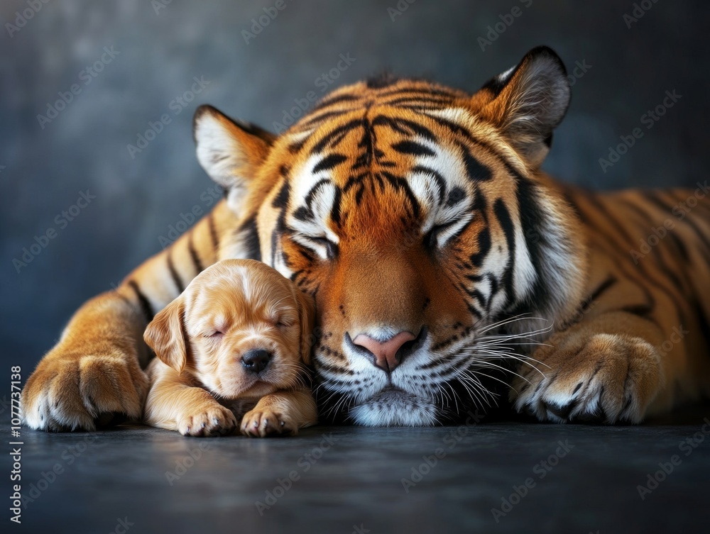 Naklejka premium A tiger and a puppy resting together in a serene moment of companionship.