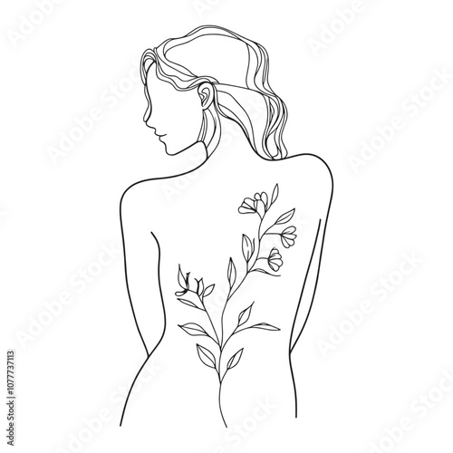 Woman with Floral Back Tattoo - Simple and Artistic Outline