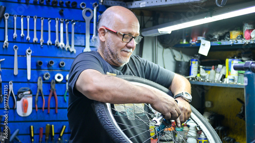 Mature man fixing bike wheel on work desk in bikeshop