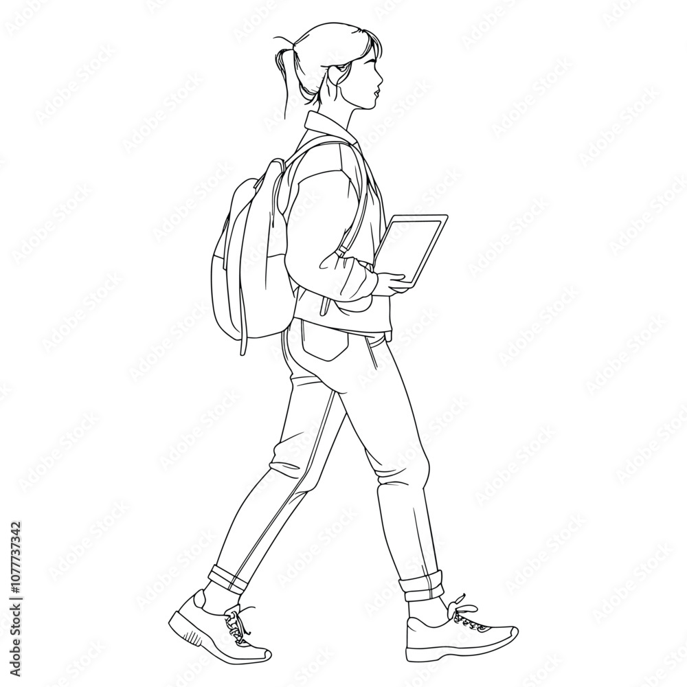 Young Man Walking with Backpack and Tablet - Casual Outline Illustration Young Man Walking with Backpack and Tablet - Casual Outline Illustration