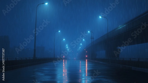 A rainy night on a city highway with streetlights and blurred car lights in the distance. photo