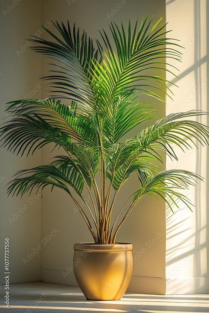 Fototapeta premium Lush Green Potted Plant in Sunlit Corner Featuring Bountiful Greenery and Vibrant Indoor Plant Life : Generative AI