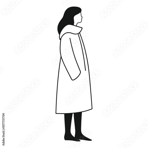 Woman in Long Coat Looking Sideways - Fashion Outline Art