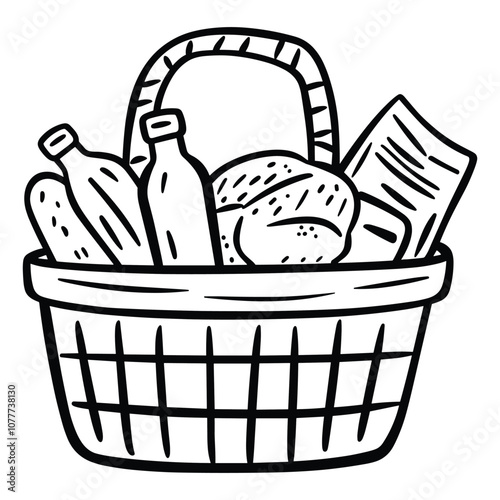 Picnic Basket with Bottles - Classic Food and Beverage Outline