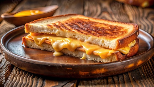 A golden-brown, melty grilled cheese sandwich on a rustic wooden surface, its toasted bread slices flanking a thick layer of molten cheese.