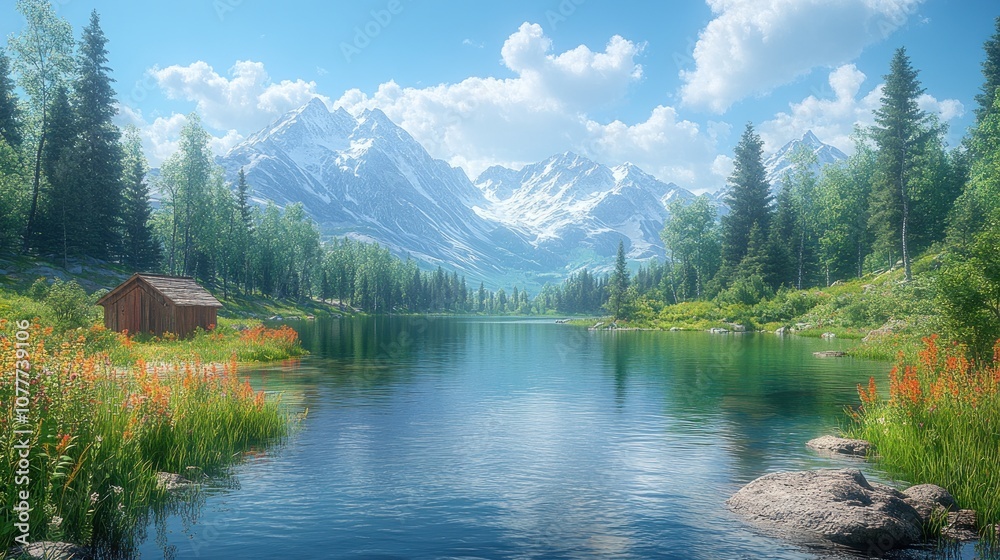 Fototapeta premium Serene lake surrounded by mountains and lush greenery.