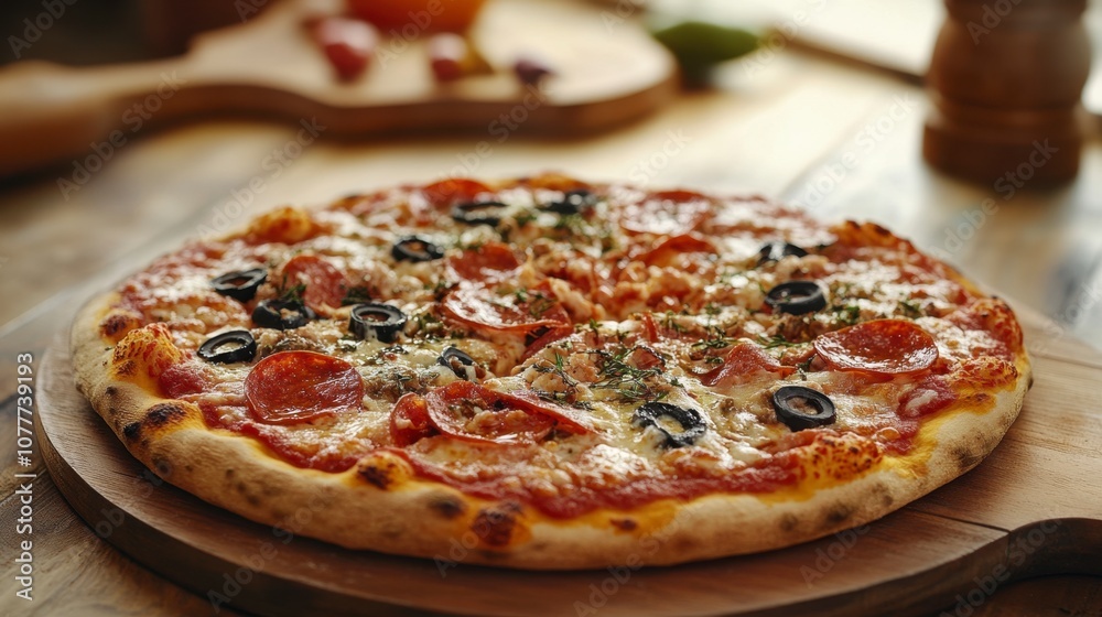 Delicious Pepperoni Pizza with Olives and Cheese Delicious Pepperoni Pizza with Olives and Cheese