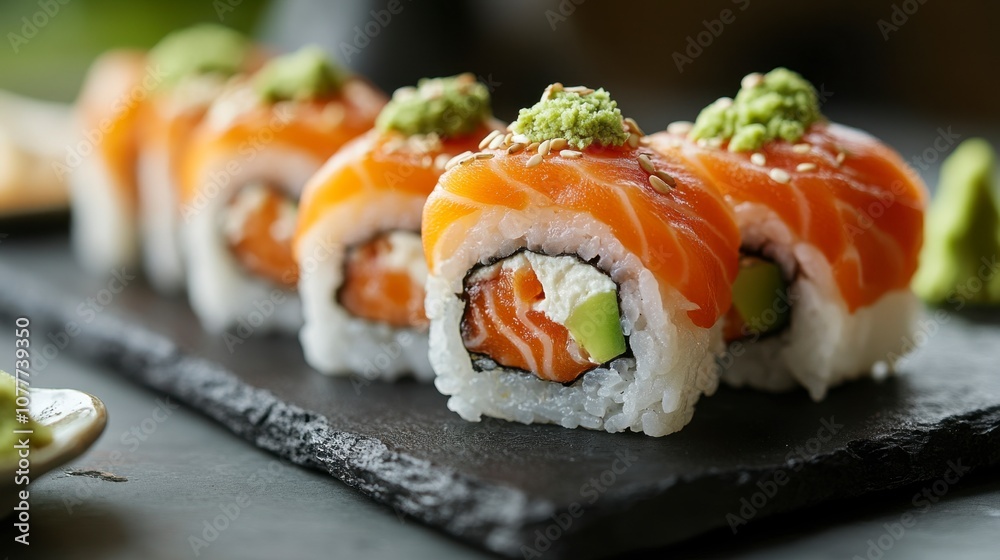 Delicious Salmon Avocado Sushi Rolls on Black Slate Delicious Salmon Avocado Sushi Rolls on Black Slate