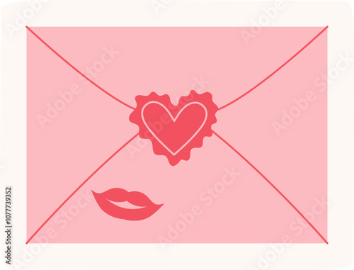 Flat cute envelope with a heart and valentine message sticker . Romantic card in pink and red color for love holiday celebration. Suitable for greeting cards, invitations, romantic correspondence.