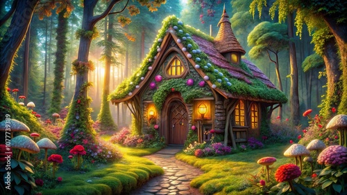 A Mystical Cottage Nestled Amongst Lush Greenery, Enchanting Sunbeams Illuminating a Path Towards a Hidden Wonder