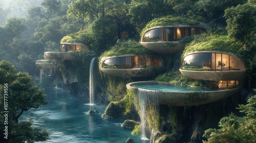 Futuristic homes integrated into lush, green landscapes with waterfalls.