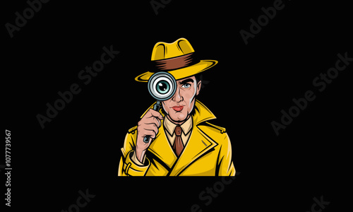 Detective in yellow trench coat examining with magnifier.