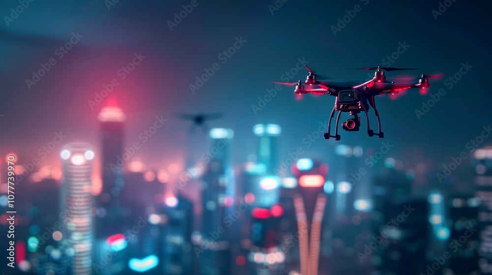 Drone Patrol in a Vibrant City Skyline at Night Drone Patrol in a Vibrant City Skyline at Night