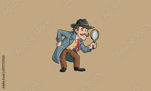 Detective with mustache examining through a magnifying glass.