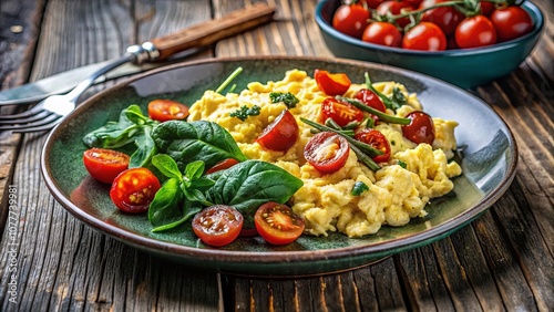 A rustic green plate filled with a hearty serving of scrambled eggs, adorned with fresh cherry tomatoes and a bed of vibrant green leafy greens.