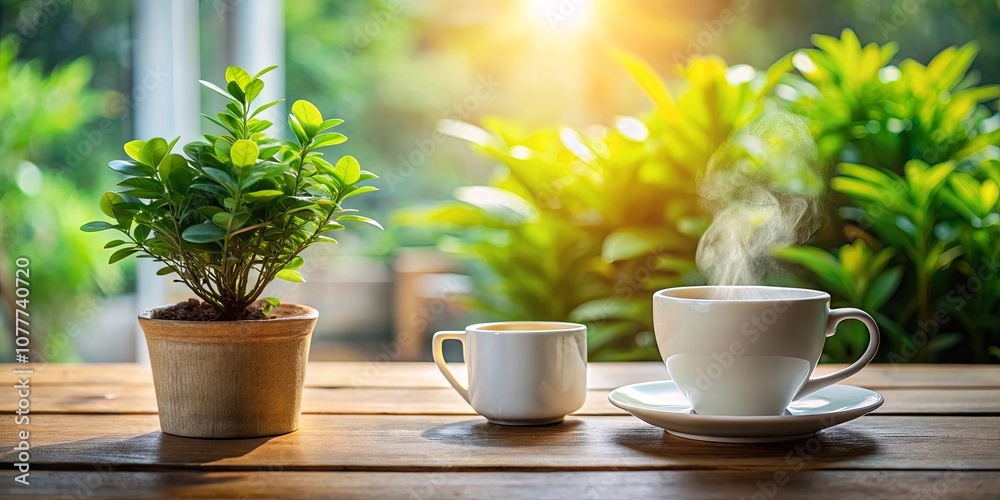 A steaming cup of coffee on a wooden table with a potted plant and a blurred background of greenery A steaming cup of coffee on a wooden table with a potted plant and a blurred background of greenery